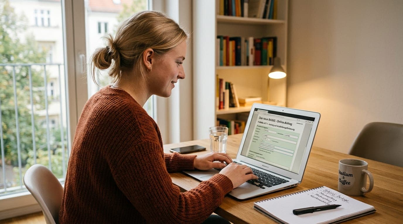 Student beantragt BAföG online am Laptop mit geöffnetem Formular